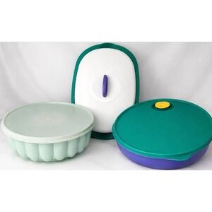 Vintage Tupperware Lot Of 3 Serving Tray Divided Dish Jello Mold Green Purple